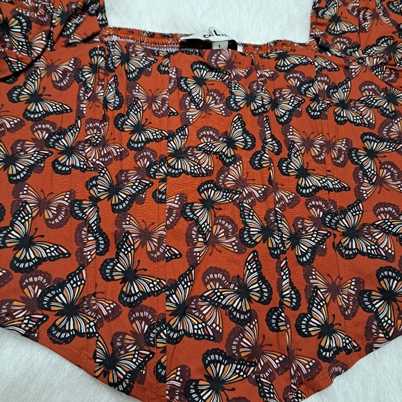O.L.M. Ladies Puffy Sleeves Orange/Brown Butterfly Pattern Crop Corset Top - Picture 3 of 10
